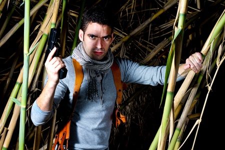 View of an treasure hunter, jungle adventurer type man.
