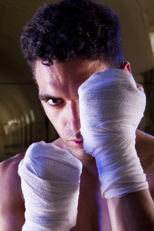 View of a fit fighter on a abandoned factory.の写真素材