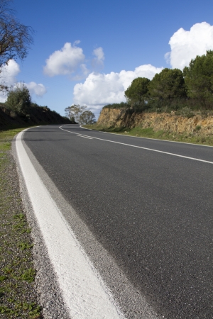 View of an long asphalt road with trees on the rural countryside.の写真素材