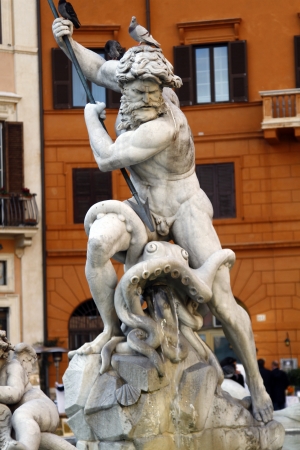 Close view details of the fountain of the four Rivers with Egyptian obelisk, located in the Piazza Navona, Rome, Italy.の写真素材