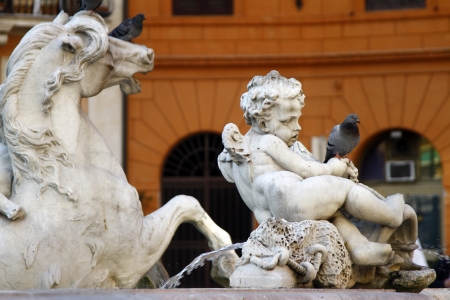 Close view details of the fountain of the four Rivers with Egyptian obelisk, located in the Piazza Navona, Rome, Italy.の写真素材
