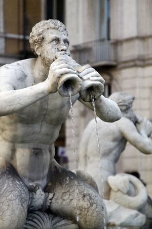 Close view details of the fountain of the four Rivers with Egyptian obelisk, located in the Piazza Navona, Rome, Italy.のeditorial素材