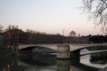 Wide view of the bridges over river Tiber in Rome, Italy.の写真素材
