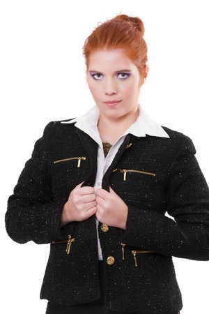 View of a beautiful young natural red hair woman with night fashion clothing isolated on a white background.の写真素材