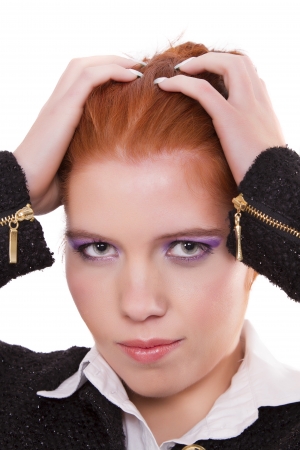View of a beautiful young natural red hair woman with night fashion clothing isolated on a white background.の写真素材