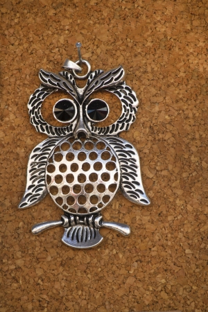 Close up view of a necklace owl isolated on cork.の写真素材