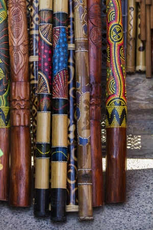Close up view of a pile of didgeridoo musical instruments.の写真素材