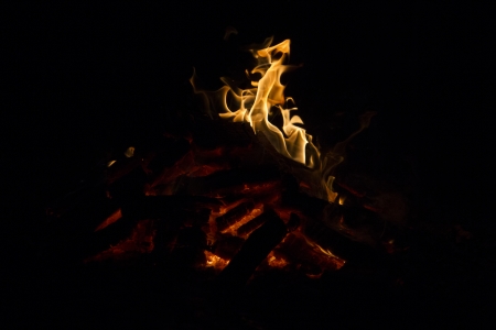 Close up view of a campfire at night. 
