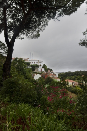 Far view of the National palace of Sintra town, Portugal.の写真素材