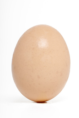 Close up view of one raw chicken egg isolated on a white background.の写真素材