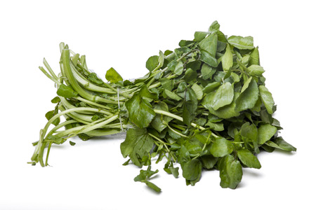Close up view of a bunch of fresh watercress isolated on a white background.の写真素材