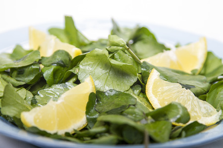 Close up view of a fresh and healthy watercress salad with lemon.の写真素材
