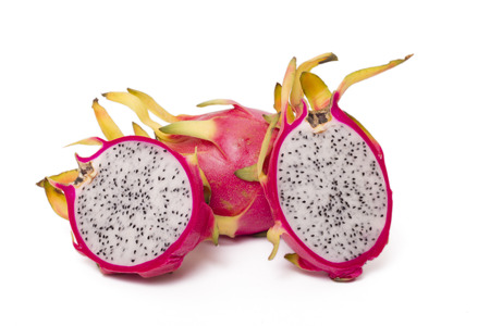Close up view of exotic dragon fruits isolated on a white background.の写真素材
