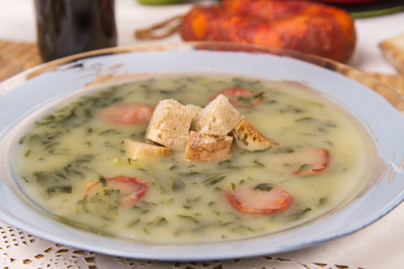 View of a traditional portuguese soup, called Caldo Verde, with green collard and chorizo.の写真素材