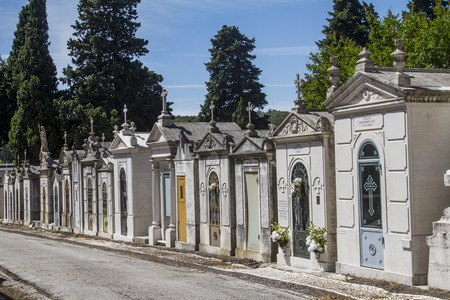 Close up view of a section from the famous portuguese cemetery Prazeres in Lisbon, Portugal.のeditorial素材