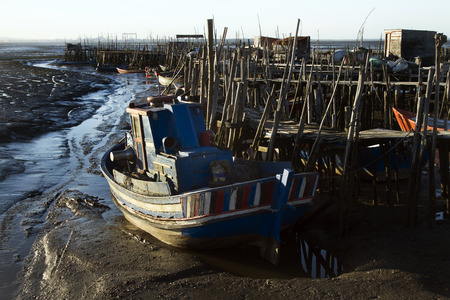 View of an old fisherman palaphitic pier on the Sado marshlands.の写真素材