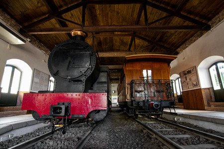Close  up view of an old steam train inside a museum in Spain.のeditorial素材