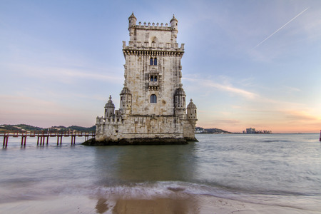 View of the historical landmark, Tower of Belem, located in Lisbon, Portugal.のeditorial素材