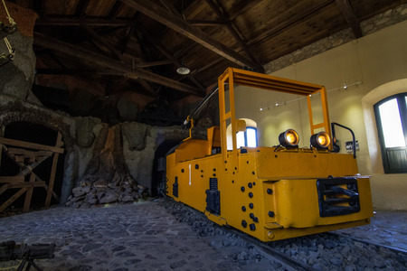 Close up view of a museum with an old transport mining vehicle.のeditorial素材