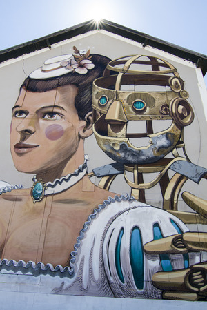 View of a wonderful graffiti art on a building on Lisbon, Portugal.のeditorial素材
