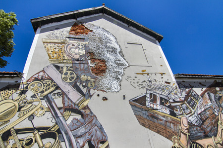 View of a wonderful graffiti art on a building on Lisbon, Portugal.のeditorial素材