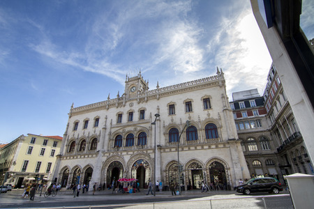 View of the famous landmark, Rossio Railway Station entrance, located in Lisbon, Portugal.のeditorial素材