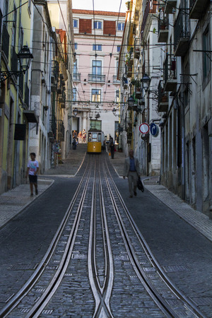 View of the famous lift of vintage electric tram of Bica, located in Lisbon, Portugal.のeditorial素材