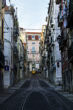 View of the famous lift of vintage electric tram of Bica, located in Lisbon, Portugal.のeditorial素材