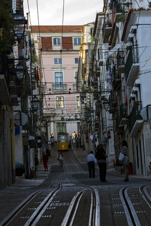 View of the famous lift of vintage electric tram of Bica, located in Lisbon, Portugal.のeditorial素材