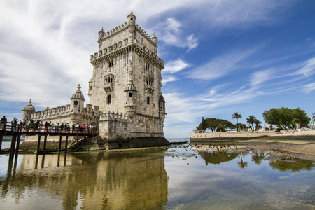 View of the famous landmark, Tower of Belem, located in Lisbon, Portugal.のeditorial素材