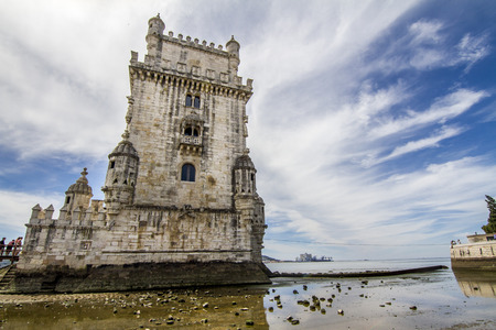 View of the famous landmark, Tower of Belem, located in Lisbon, Portugal.のeditorial素材