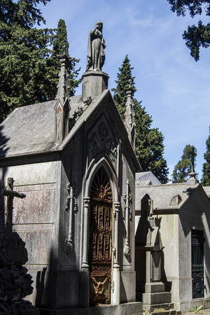 Close up view of a section from the famous portuguese cemetery Prazeres in Lisbon, Portugal.のeditorial素材