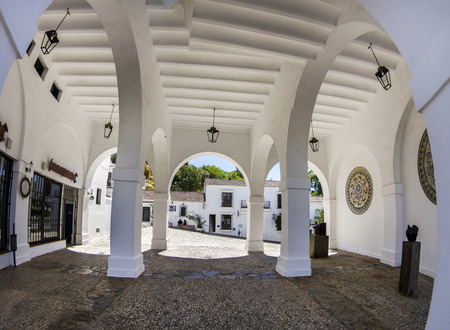 View of beautiful arcs of a building located in Aracena, Spain.のeditorial素材