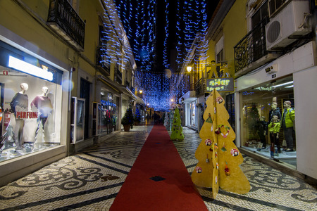 Main commercial street of Faro city, Portugal at night.のeditorial素材