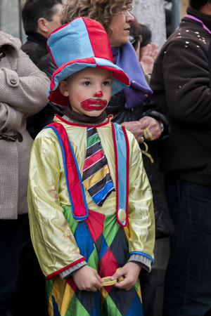 LOULE, PORTUGAL - FEB 2015: Colorful Carnival (Carnaval) Parade festival participants on Loule city, Portugal.のeditorial素材