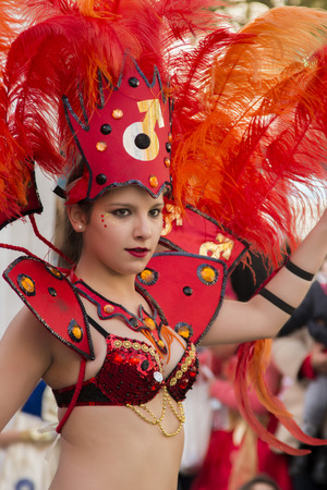 LOULE, PORTUGAL - FEB 2015: Colorful Carnival (Carnaval) Parade festival participants on Loule city, Portugal.のeditorial素材