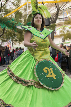 LOULE, PORTUGAL - FEB 2015: Colorful Carnival (Carnaval) Parade festival participants on Loule city, Portugal.のeditorial素材