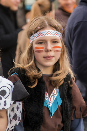 LOULE, PORTUGAL - FEB 2015: Colorful Carnival (Carnaval) Parade festival participants on Loule city, Portugal.のeditorial素材