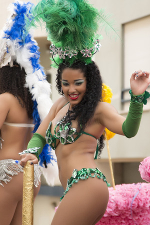 LOULE, PORTUGAL - FEB 2015: Colorful Carnival (Carnaval) Parade festival participants on Loule city, Portugal.のeditorial素材