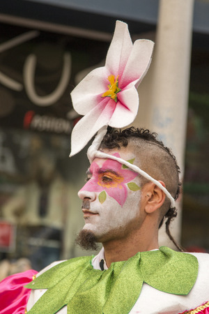 LOULE, PORTUGAL - FEB 2015: Colorful Carnival (Carnaval) Parade festival participants on Loule city, Portugal.のeditorial素材