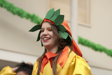 LOULE, PORTUGAL - FEB 2015: Colorful Carnival (Carnaval) Parade festival participants on Loule city, Portugal.のeditorial素材