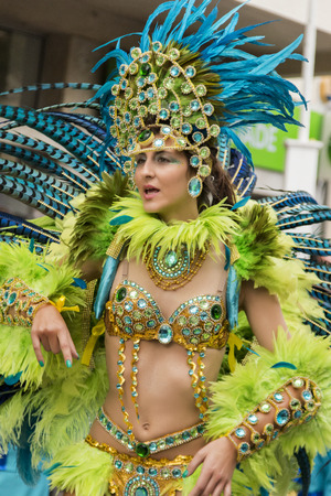 LOULE, PORTUGAL - FEB 2015: Colorful Carnival (Carnaval) Parade festival participants on Loule city, Portugal.のeditorial素材