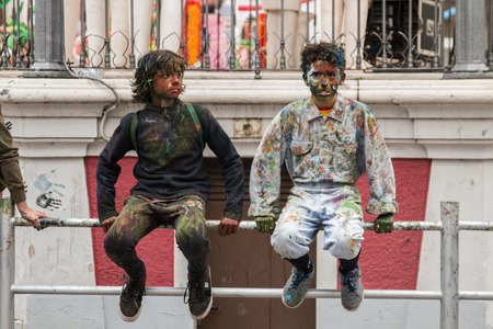 LOULE, PORTUGAL - FEB 2015: Colorful Carnival (Carnaval) Parade festival participants on Loule city, Portugal.のeditorial素材