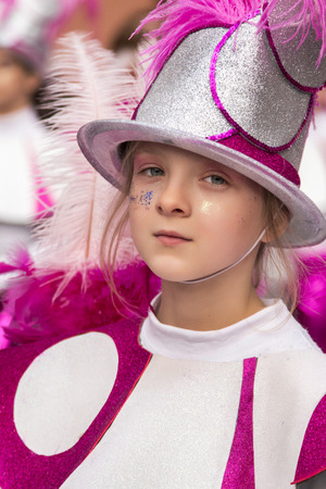 LOULE, PORTUGAL - FEB 2015: Colorful Carnival (Carnaval) Parade festival participants on Loule city, Portugal.のeditorial素材