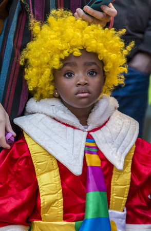 LOULE, PORTUGAL - FEB 2015: Colorful Carnival (Carnaval) Parade festival participants on Loule city, Portugal.のeditorial素材