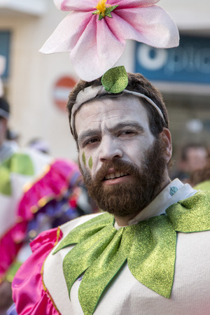 LOULE, PORTUGAL - FEB 2015: Colorful Carnival (Carnaval) Parade festival participants on Loule city, Portugal.のeditorial素材