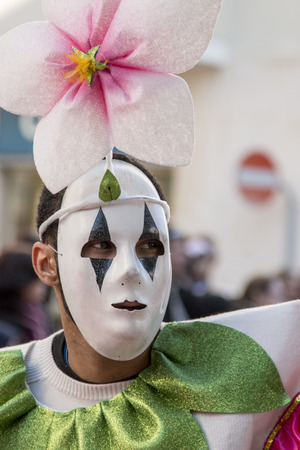 LOULE, PORTUGAL - FEB 2015: Colorful Carnival (Carnaval) Parade festival participants on Loule city, Portugal.のeditorial素材