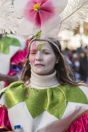 LOULE, PORTUGAL - FEB 2015: Colorful Carnival (Carnaval) Parade festival participants on Loule city, Portugal.のeditorial素材