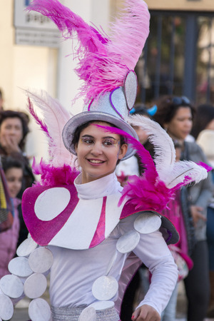 LOULE, PORTUGAL - FEB 2015: Colorful Carnival (Carnaval) Parade festival participants on Loule city, Portugal.のeditorial素材