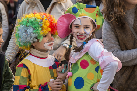 LOULE, PORTUGAL - FEB 2015: Colorful Carnival (Carnaval) Parade festival participants on Loule city, Portugal.のeditorial素材